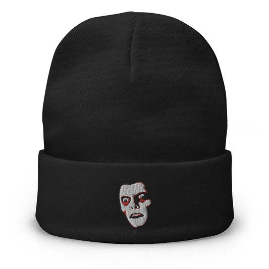 Black cuffed beanie with Monster Pazuzu "Captain Howdy" embroidered artwork, front view