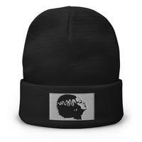 Black cuffed beanie with Monster Bride of Frankenstein embroidered artwork, front view