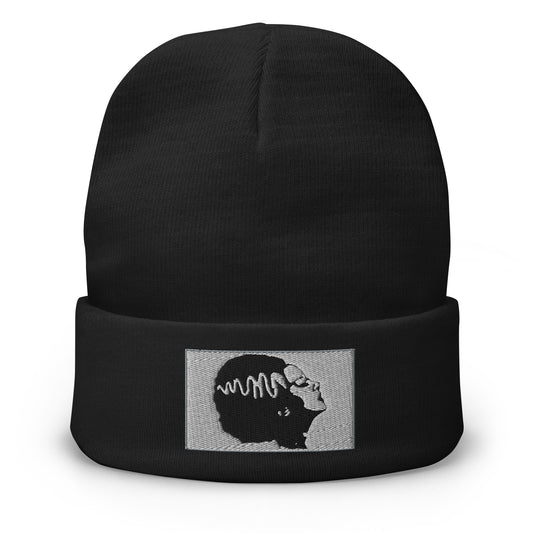 Black cuffed beanie with Monster Bride of Frankenstein embroidered artwork, front view
