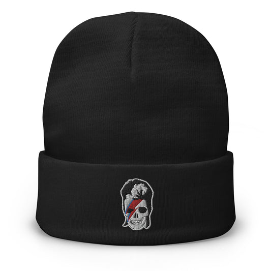 Black cuffed beanie with Lightning Bolt Skull David Bowie embroidered artwork, front view