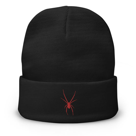 Black cuffed beanie with Arachnid Creepy Black Widow Spider embroidered artwork, front view