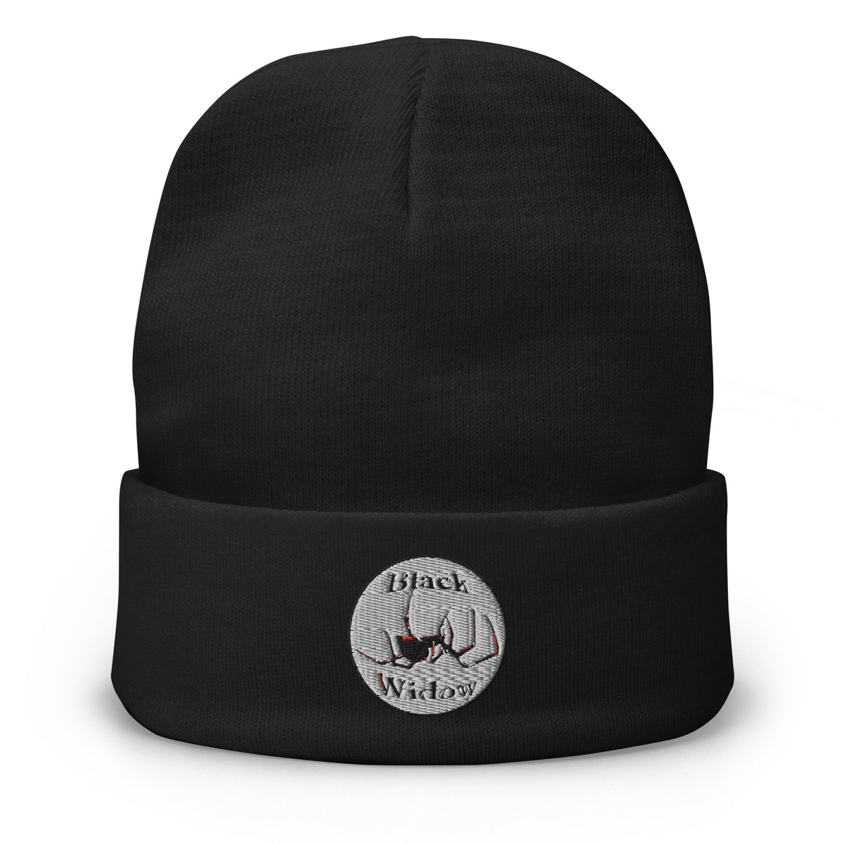 Black cuffed beanie with Latrodectus Black Widow Spider embroidered artwork, front view