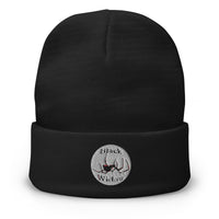 Black cuffed beanie with Latrodectus Black Widow Spider embroidered artwork, front view