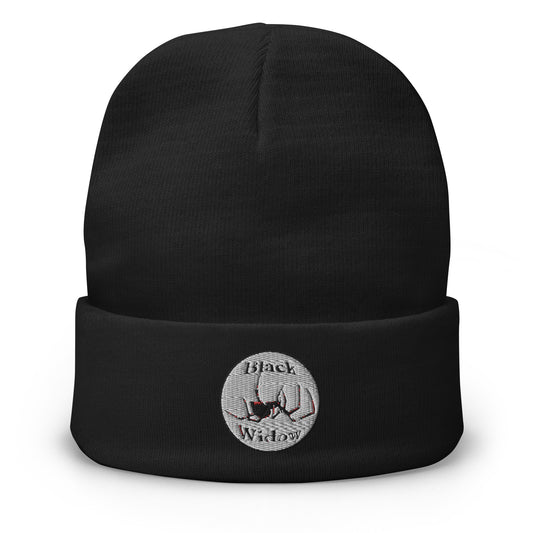 Black cuffed beanie with Latrodectus Black Widow Spider embroidered artwork, front view