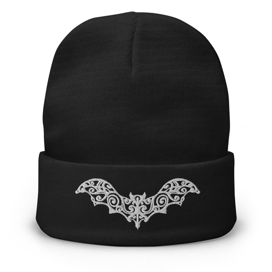 Black cuffed beanie with Vine Wrought Iron Bat embroidered artwork, front view