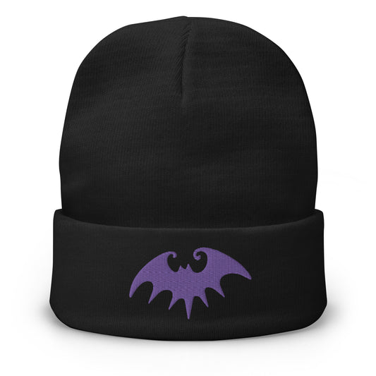 Black cuffed beanie with Vampire Bat embroidered artwork, front view