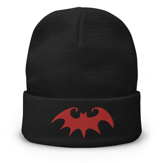 Black cuffed beanie with Whimsical Vampire Bat embroidered artwork, front view