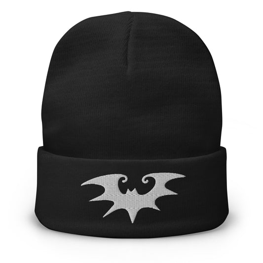 Black cuffed beanie with Spooky Vampire Bat embroidered artwork, front view