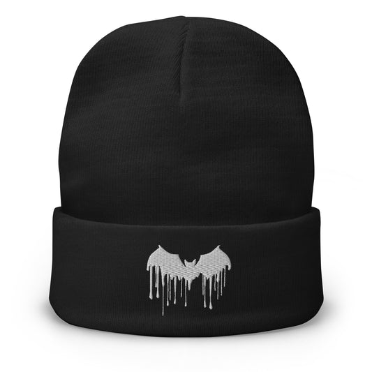 Black cuffed beanie with Vampire Bat Blood Drip embroidered artwork, front view