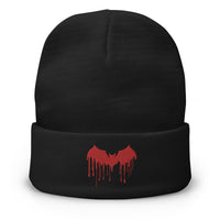 Black cuffed beanie with Vampire Bat Blood Drip embroidered artwork, front view