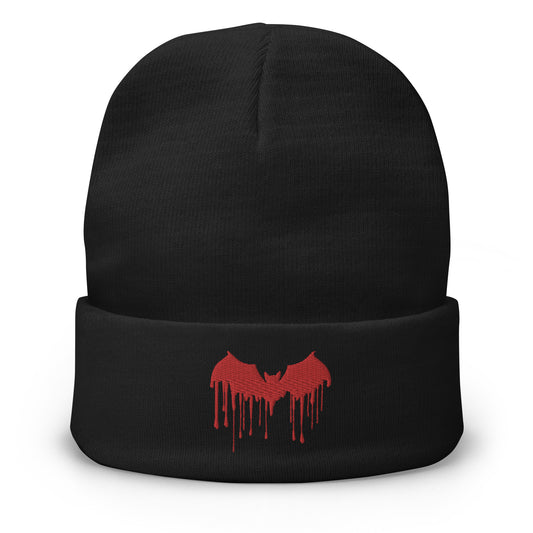 Black cuffed beanie with Vampire Bat Blood Drip embroidered artwork, front view