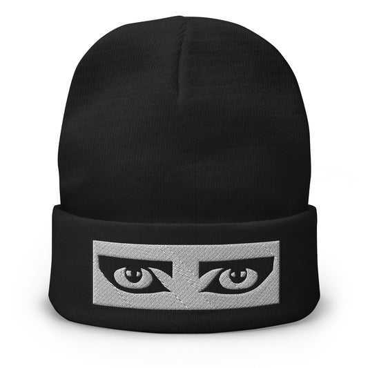 Black cuffed beanie with Eyes Siouxsie and the Banshees embroidered artwork, front view