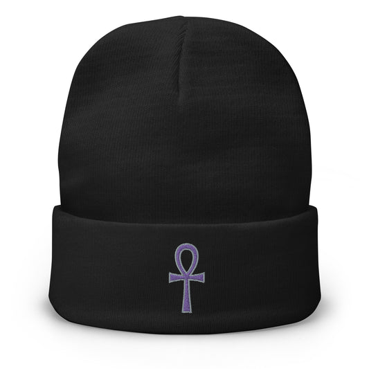 Black cuffed beanie with The Key of Life Ankh Ancient Egyptian Culture embroidered artwork, front view
