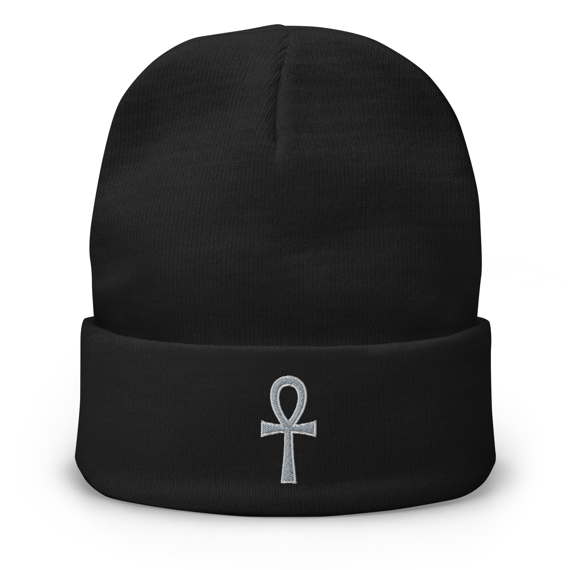 The Key of Life Ankh Ancient Egyptian Culture Embroidered Cuff Beanie Grey Thread - Edge of Life Designs