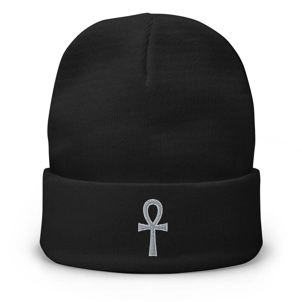 Black cuffed beanie with The Key of Life Ankh Ancient Egyptian Culture embroidered artwork, front view