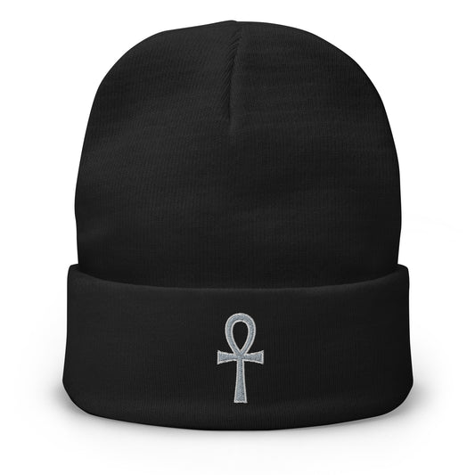 Black cuffed beanie with The Key of Life Ankh Ancient Egyptian Culture embroidered artwork, front view