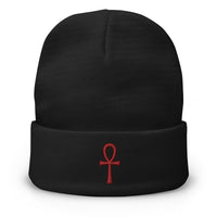 Black cuffed beanie with The Key of Life Ankh Ancient Egyptian Culture embroidered artwork, front view