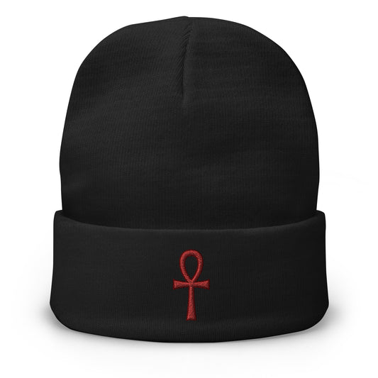 Black cuffed beanie with The Key of Life Ankh Ancient Egyptian Culture embroidered artwork, front view