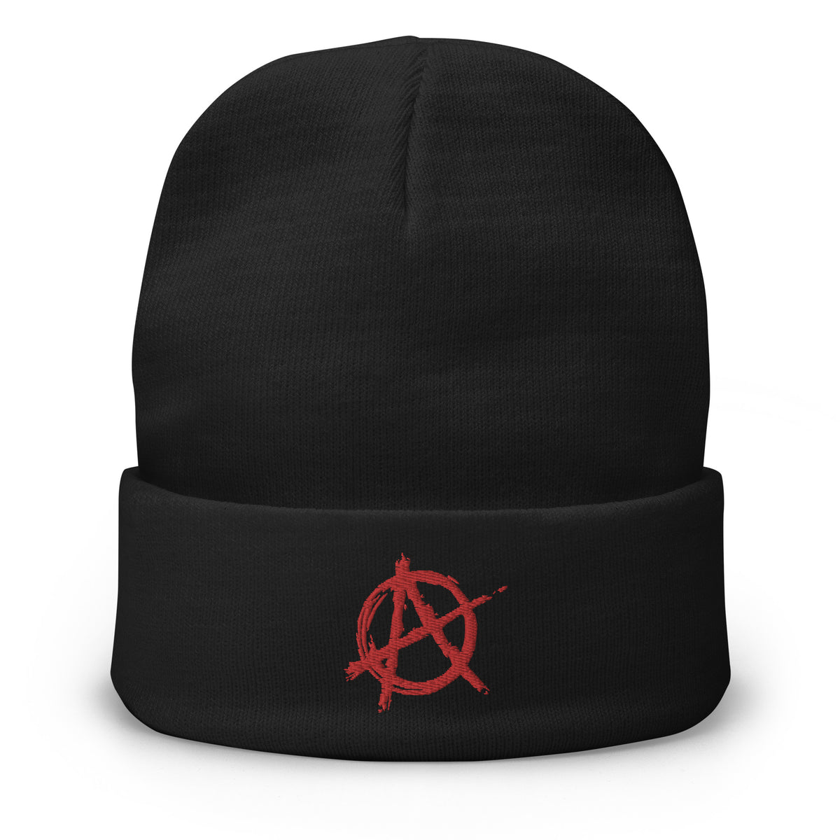 Black cuffed beanie with Anarchy Sign Punk Chaos and Rock n' Roll embroidered artwork, front view