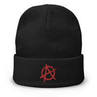 Black cuffed beanie with Anarchy Sign Punk Chaos and Rock n' Roll embroidered artwork, front view