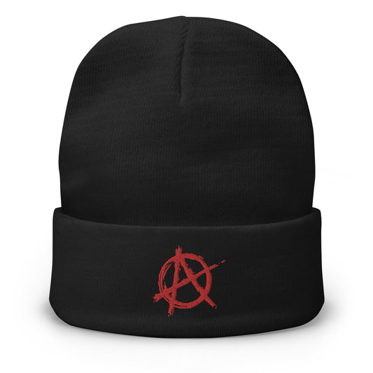 Black cuffed beanie with Anarchy Sign Punk Chaos and Rock n' Roll embroidered artwork, front view
