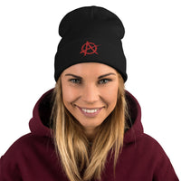 Black cuffed beanie with Anarchy Sign Punk Chaos and Rock n' Roll embroidered artwork, front view