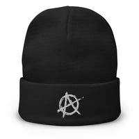 Black cuffed beanie with Anarchy Sign Punk Chaos and Rock n' Roll embroidered artwork, front view