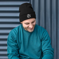 Black cuffed beanie with Anarchy Sign Punk Chaos and Rock n' Roll embroidered artwork, front view