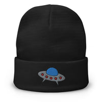 Black cuffed beanie with Space Alien Ship UFO Flying Saucer embroidered artwork, front view