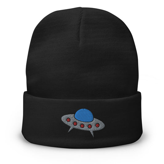 Black cuffed beanie with Space Alien Ship UFO Flying Saucer embroidered artwork, front view