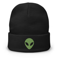 Black cuffed beanie with Alien Face Little Green Men embroidered artwork, front view