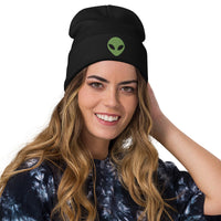 Black cuffed beanie with Alien Face Little Green Men embroidered artwork, front view