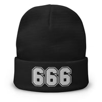 Black cuffed beanie with 666 The Number of the Beast Evil embroidered artwork, front view