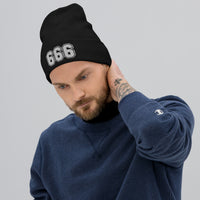 Black cuffed beanie with 666 The Number of the Beast Evil embroidered artwork, front view