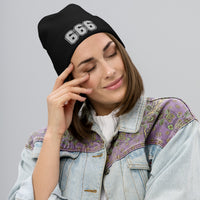 Black cuffed beanie with 666 The Number of the Beast Evil embroidered artwork, front view