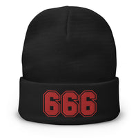 Black cuffed beanie with 666 The Number of the Beast Evil embroidered artwork, front view