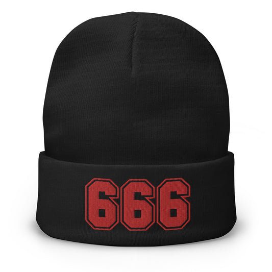 Black cuffed beanie with 666 The Number of the Beast Evil embroidered artwork, front view
