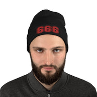 Black cuffed beanie with 666 The Number of the Beast Evil embroidered artwork, front view