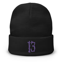 Black cuffed beanie with Lucky Number 13 # embroidered artwork, front view