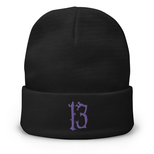 Black cuffed beanie with Lucky Number 13 # embroidered artwork, front view