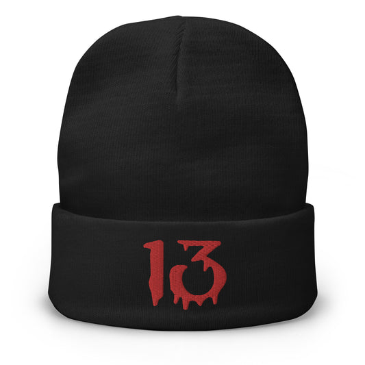 Black cuffed beanie with Bloody Number 13 Lucky embroidered artwork, front view