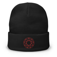 Black cuffed beanie with 9 Point Star Pentagram embroidered artwork, front view