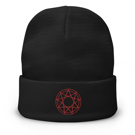 Black cuffed beanie with 9 Point Star Pentagram embroidered artwork, front view