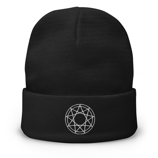 Black cuffed beanie with 9 Point Star Pentagram embroidered artwork, front view