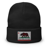 Black cuffed beanie with California U.S. State Flag embroidered artwork, front view