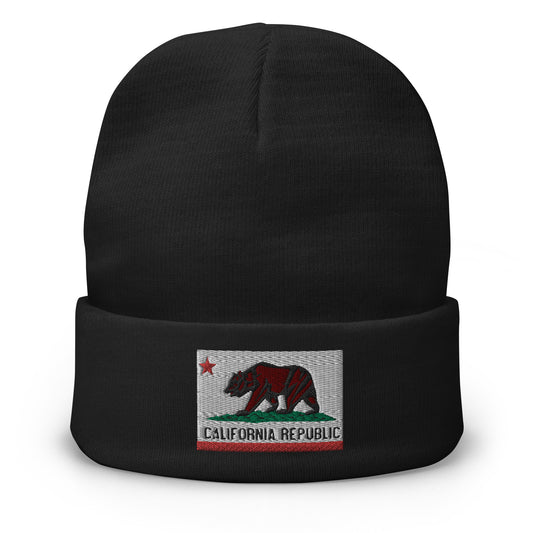 Black cuffed beanie with California U.S. State Flag embroidered artwork, front view