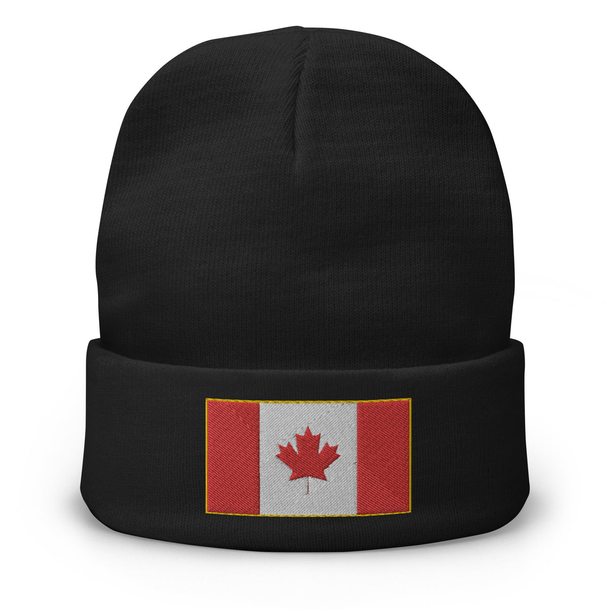 Black cuffed beanie with The National Flag of Canada embroidered artwork, front view