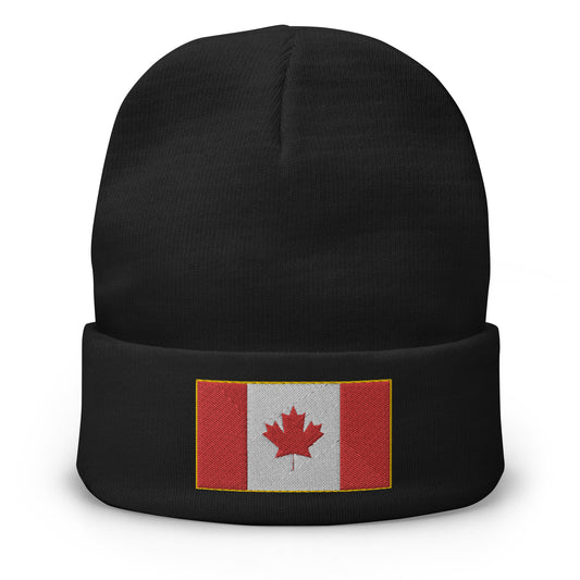 Black cuffed beanie with The National Flag of Canada embroidered artwork, front view