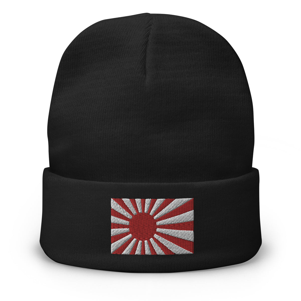 Black cuffed beanie with The National Flag of Japan embroidered artwork, front view