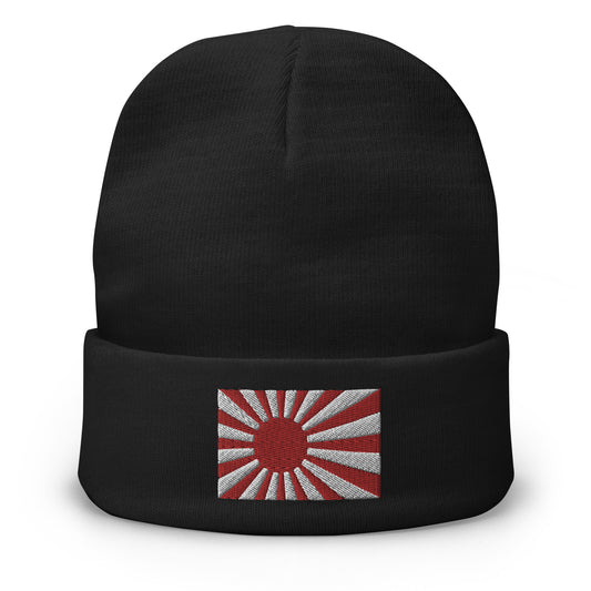 Black cuffed beanie with The National Flag of Japan embroidered artwork, front view